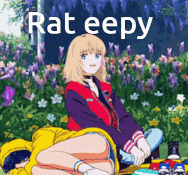 a cartoon of a girl sitting in the grass with the words rat eepy written above her