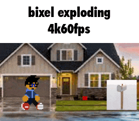 a pixel art of a man walking in front of a house with the words bixel exploding 4k60fps