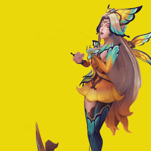 a yellow background with a drawing of a woman with butterfly wings