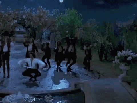 a group of people are dancing in front of a fountain in a garden .