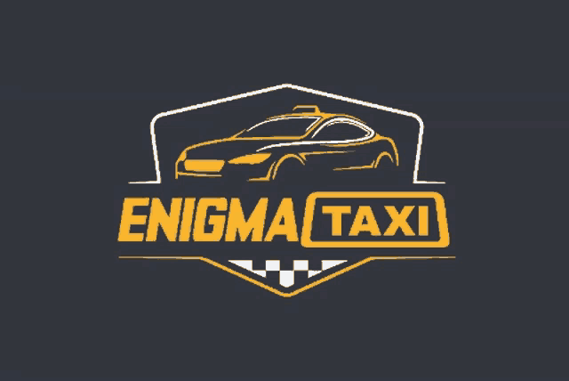a logo for enigma taxi shows a car in a shield