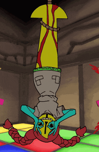 a cartoon character is doing a handstand with a sword on his head