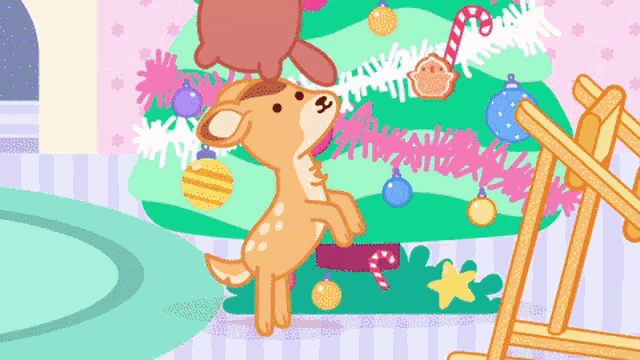 a cartoon of a deer standing next to a christmas tree with decorations