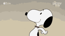 a cartoon of snoopy standing in front of a cloudy sky .