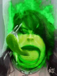 a painting of a woman with green smoke coming out of her mouth with the numbers b612 on the bottom