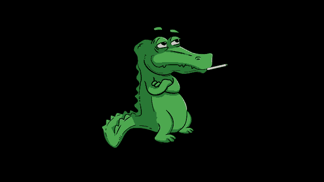 a cartoon crocodile is smoking a cigarette with smoke coming out of its mouth .