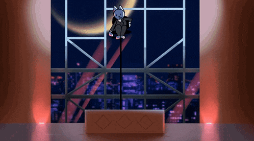 a cartoon cat is sitting on a pole in front of a large window