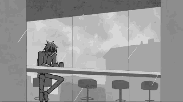 a black and white drawing of a man sitting at a bar looking out a window