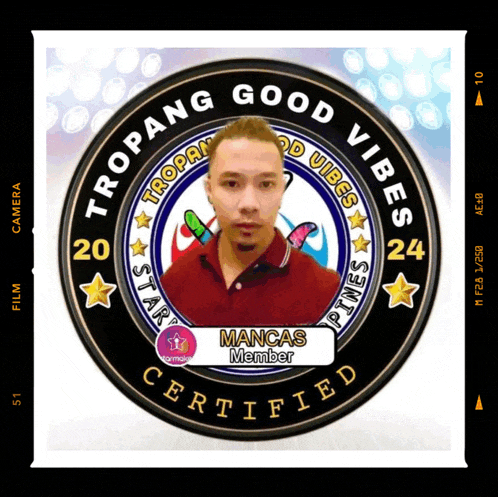 a man in a red shirt is featured in a tropang good vibes certified logo