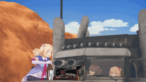 a group of anime characters are standing in front of a large concrete structure