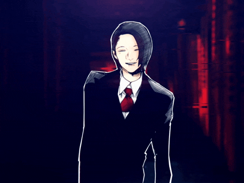a drawing of a man in a suit and tie with red eyes
