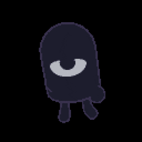 a pixel art drawing of a purple monster with a white mouth and a gray nose on a black background .