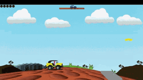 a yellow jeep is driving down a dirt road