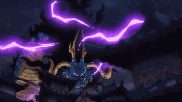 a cartoon dragon with purple lightning coming out of it 's mouth