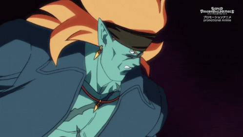 a poster for super dragon ball heroes shows a cartoon character with orange hair