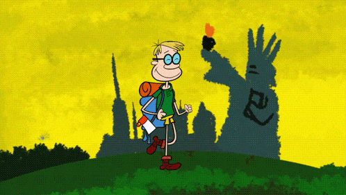 a cartoon drawing of a boy holding a torch in front of a statue of liberty