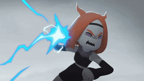 a cartoon character with horns is holding a lightning bolt