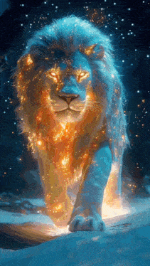 a lion with glowing eyes is walking through the snow