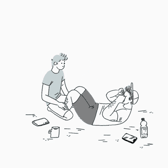 a drawing of two people sitting on the ground with a bottle of water on the ground