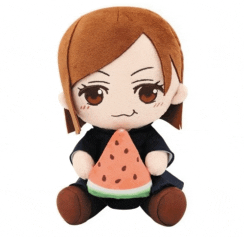 a stuffed toy of a girl holding a watermelon slice