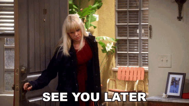 a woman standing in front of a door with the words " see you later " written below her