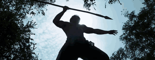 a silhouette of a man holding a spear in front of trees