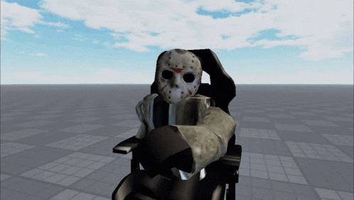 a jason voorhees character is sitting in a chair with his arm outstretched