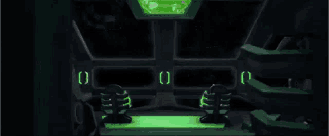 a drawing of a room with a green light on the floor and a green screen
