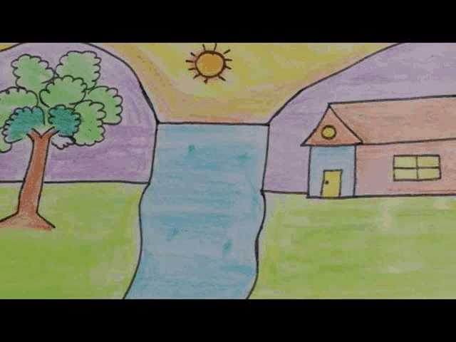a drawing of a river , a house , a tree and a sun .