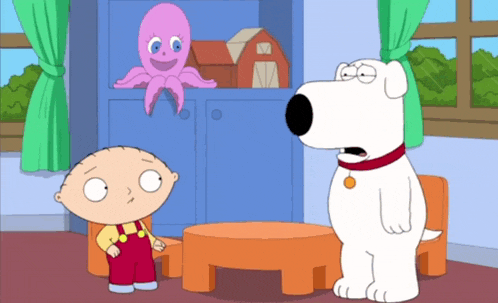 a cartoon character named stewie and brian are standing next to each other