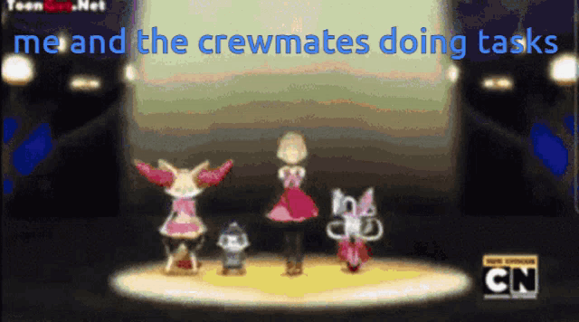 a cartoon with the words me and the crewmates doing tasks at the bottom