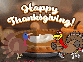 a happy thanksgiving greeting card with turkeys and a pie