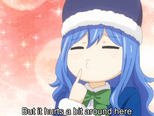 a picture of a girl with blue hair and the words but it hurts a bit around here