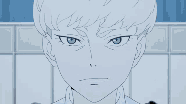 a cartoon character with white hair and blue eyes
