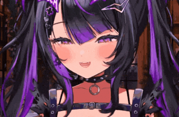 a close up of a girl with purple hair and a choker around her neck