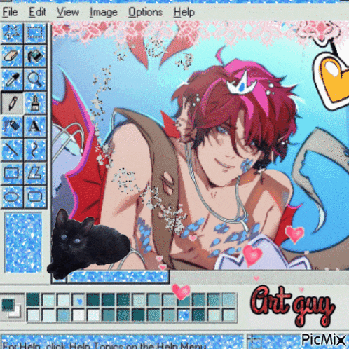 a computer screen with a picture of a mermaid and a black cat and the words art guy on the bottom