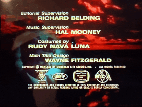 a screen that says editorial supervision richard belding music supervision hal mooney costumes by rudy nava luna
