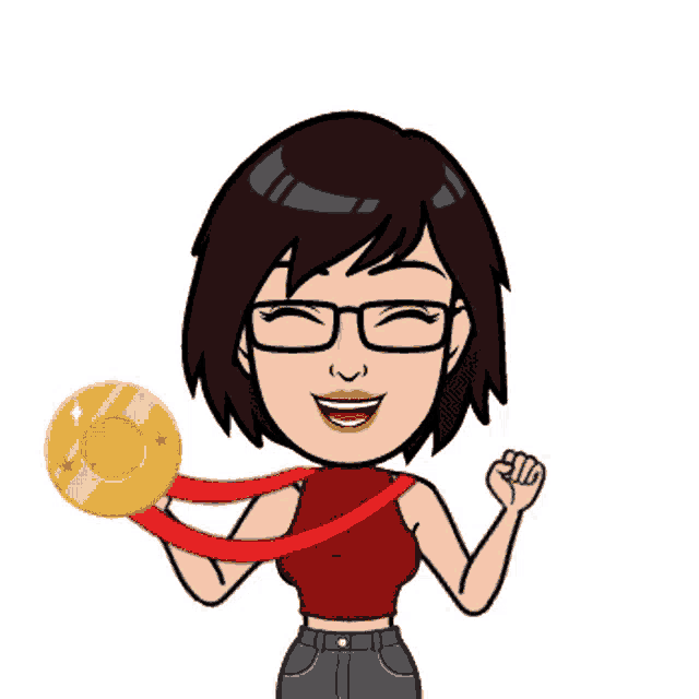a cartoon of a woman holding a medal around her neck