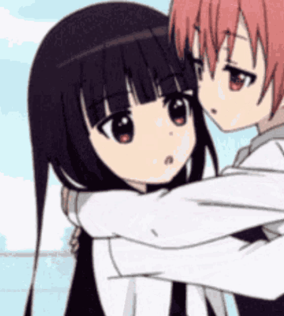 a girl with long black hair is hugging a boy with pink hair