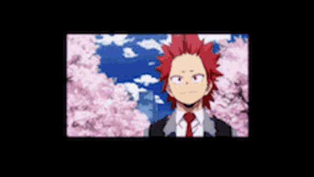a red haired anime character in a suit and tie is standing in front of a cherry blossom tree .