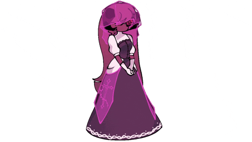 a cartoon of a girl in a purple dress with a cross on it