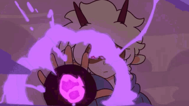 a cartoon character with horns and red eyes is holding a purple sphere .