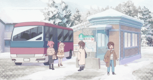 a group of people are standing in front of a bus with a sign that says ' aoi ' on it