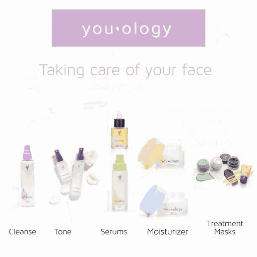 a variety of you ology products are displayed on a white surface