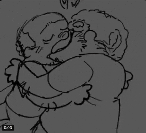 a drawing of a man kissing another man with hearts around them