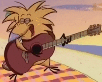 a cartoon of a beaver playing a guitar on a beach