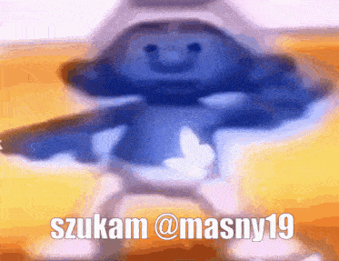 a smurf is dancing with the words " szukam @ masny19 " below it