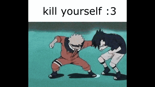 a cartoon of naruto and sasuke standing next to each other with the caption kill yourself 3
