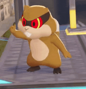 a cartoon squirrel with red eyes and a mask is standing on a treadmill .