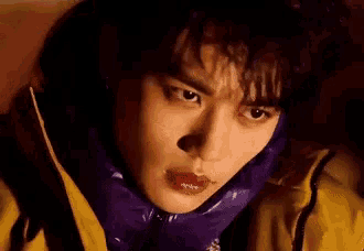 a close up of a person wearing a purple jacket and a yellow jacket .